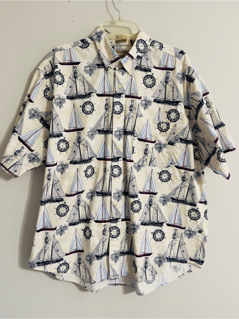 Natural Issue Shirt Mens XL Nautical Sailboat Print Cotton Button Up No Wrinkle